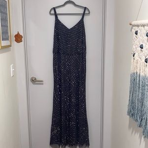 Adrianna Papell Art Deco Beaded Blouson Gown in Gunmetal